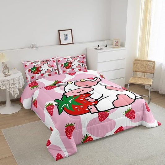 Feelyou Milk Cow Comforter Pink White Cow Strawberry Pattern Comforter Set Bedding Set for Kids Adults Kawaii Girls Milk Cow Print Duvet Set Ultra Soft Room Decor Twin Size Quilt Set