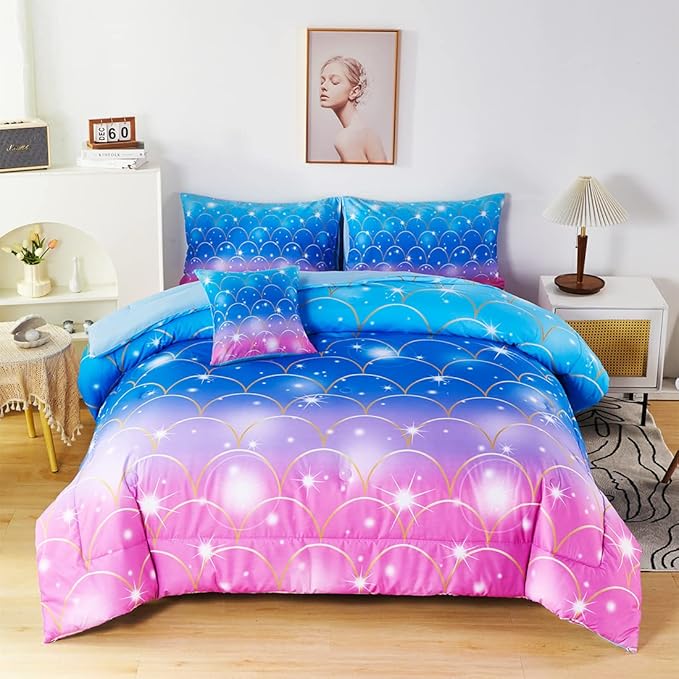 URBONUR 6Pcs Mermaid Comforter Set Queen for Girls Glitter Fish Scales Printed Bedding Set on Gradient Pink Purple Blue Soft & Fluffy Girls Bed Set with Sheets for Queen Bed
