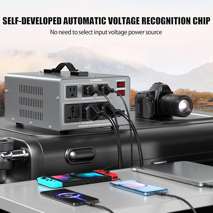 8000W Voltage Auto Converter Transformer, Heavy Duty Step Up/Down Power Converter 110/120/220/240V with 3 US Outlets,3 Universal Outlets,LED Display,w/US Standard Power Cord Circuit Breaker Protection