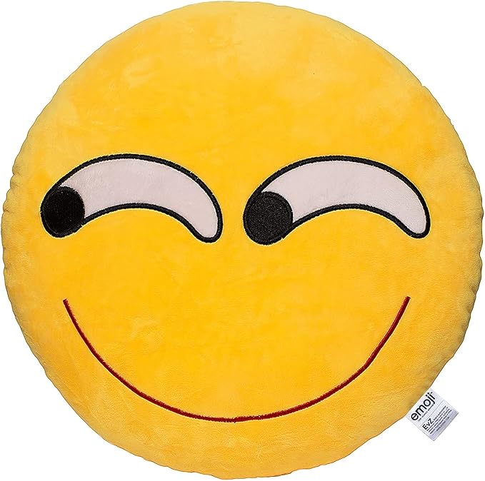 EvZ Official Certified Sinister Emoji Pillow - 32cm Large Soft Plush Smirking Face Emoticon Cushion - Funny Mischievous Decorative Stuffed Toy for Gaming Room, Office Humor (Yellow)