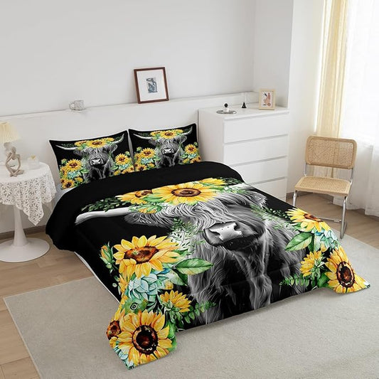 Highland Cow Bedding Set Kids Sunflower Floral Western Cow Bull Comforter Set for Girls Teens Farmhouse Wildlife Animal Comforter Black Duvet Set Room Decor Quilt Set Full Size