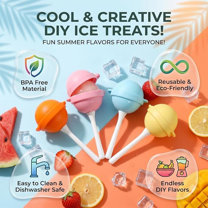4PCS Reusable Silicone Lollipop Ice Cream Mold, Homemade Popsicle Molds, DIY Creative Ice Pops for Summer, Silicone Popsicle Maker for Juice, Yogurt & Frozen Treats, Fun Dessert Mold (Orange)