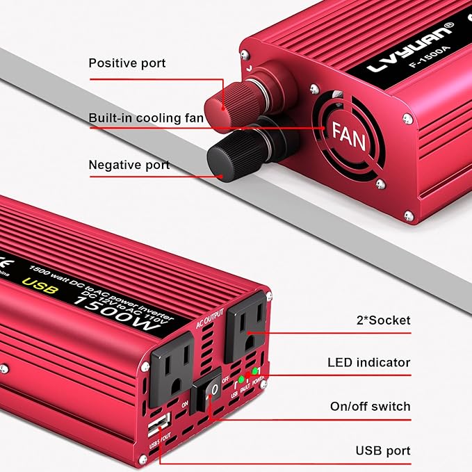 Power Inverter 700W/1500W (Peak) Dual AC Outlets and USB Charging Port DC 12V to 110V AC Car Converter Inverter for Home Car RV Truck Camping