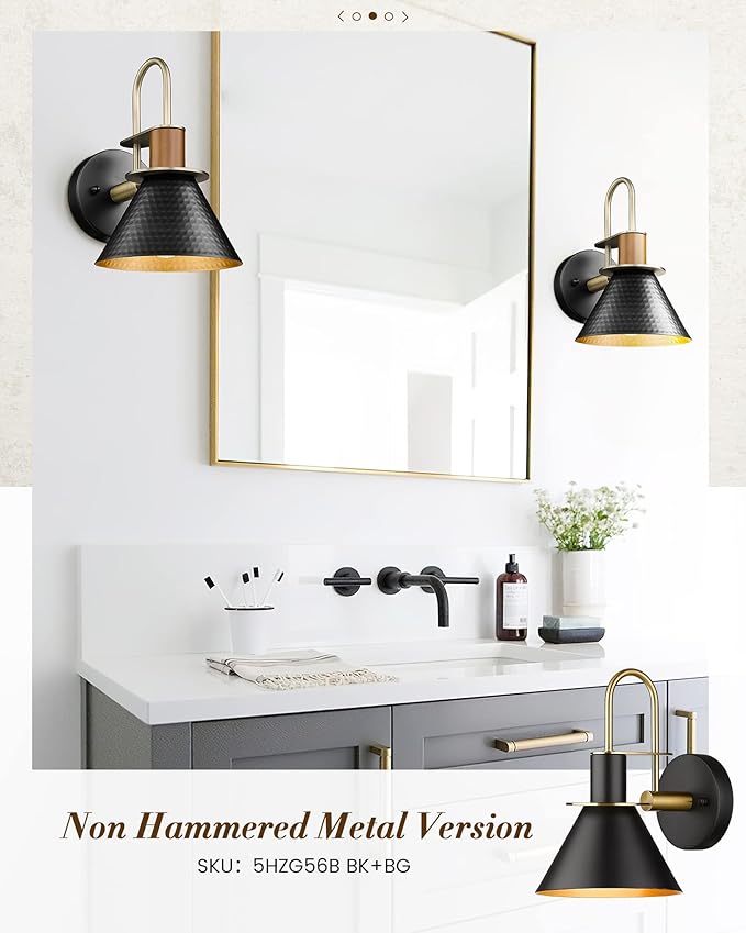 Black and Gold Wall Sconces, HWH Industrial Sconces Wall Lighting Indoor Vanity Barn Light Fixture, Gooseneck Wall Lamp for Bathroom Bedside Bedroom Kitchen, Hammered Metal Shade, 5HZG74B-L BK+BG