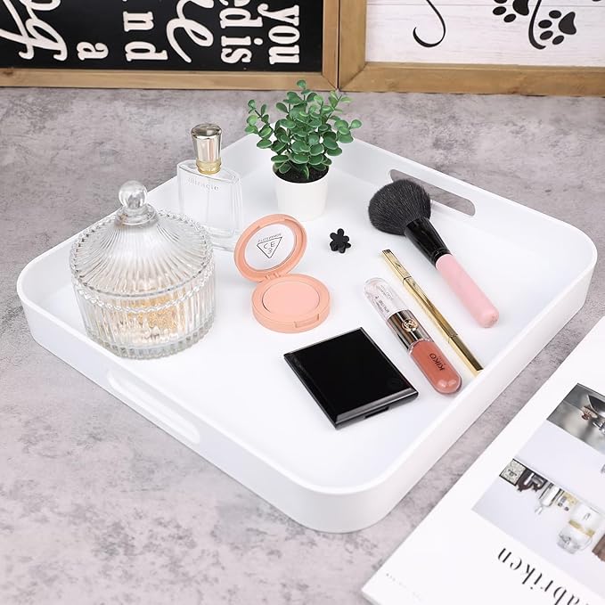 Square White Decorative Serving Tray with Handles, Versatile Ottoman Tray for Coffee Table, Entertaining, Outdoor Patio, Living Room, 13”*13”*1.6”