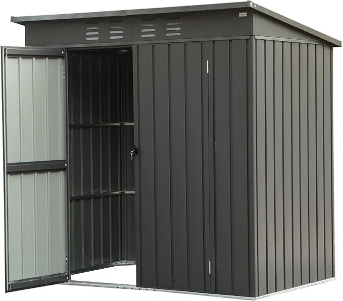 6x4ft Outdoor Storage Shed, Galvanized Steel Garden Shed with Sloping Roof, Lockable Double Doors and 16 Air Vents, Utility Tool Storage for Backyard Patio