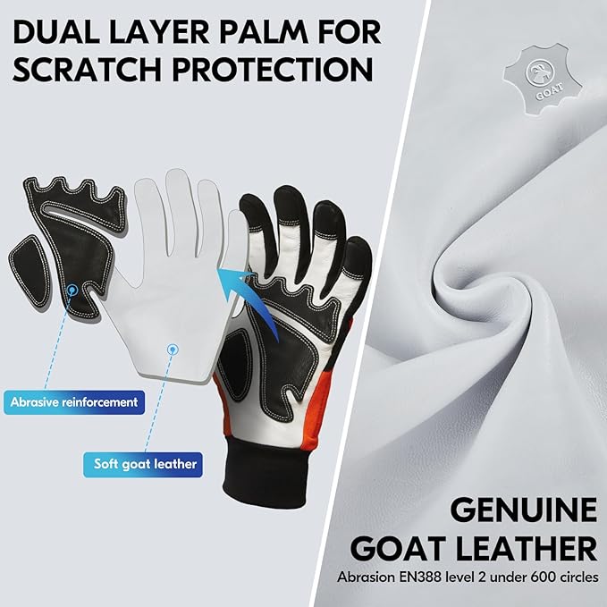 Vgo... 1Pair Chainsaw Gloves, 12-Layer Chainsaw Protection on Left Hand Back,Goat leather Work Gloves, Mechanic Gloves