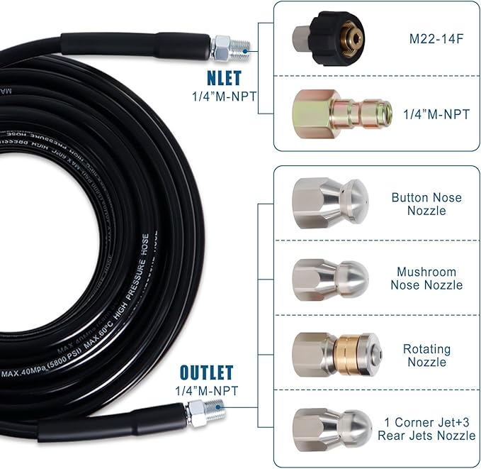 150FT Sewer Jetter Kit for Pressure Washer, 5800PSI Drain Cleaner Hose 1/4 Inch NPT Corner with 4 Sewer Jetting Nozzles,Waterproof Tape,Pearl Corsage Pin,Handle Strap & 2 Spanners (Black)