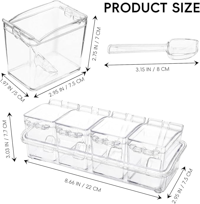 Clear Seasoning Box, 4 Pieces Seasoning Rack Spice Pots, Storage Container Condiment Jars Acrylic Seasoning Box with Covers and Spoons for Spice, Sugar, Salt, Sugar, Cardamon, Cinnamon