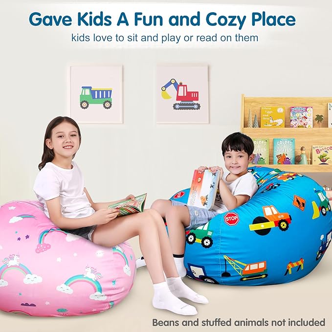 Lukeight Stuffed Animal Storage Bean Bag Chair Cover for Kids, Zipper Beanbag Chair Cover for Organizing Toddler & Kids' Rooms Plush Toys (Construction Velvet, X-Large)