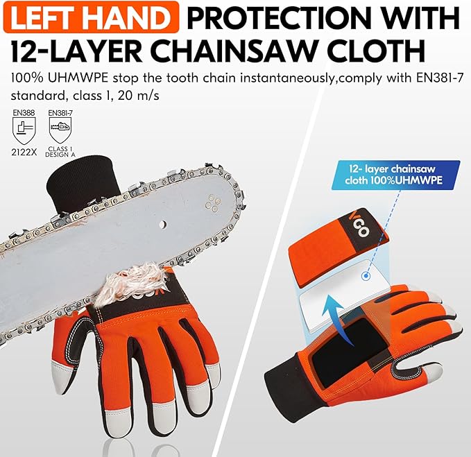 Vgo... 1Pair Chainsaw Gloves, 12-Layer Chainsaw Protection on Left Hand Back,Goat leather Work Gloves, Mechanic Gloves