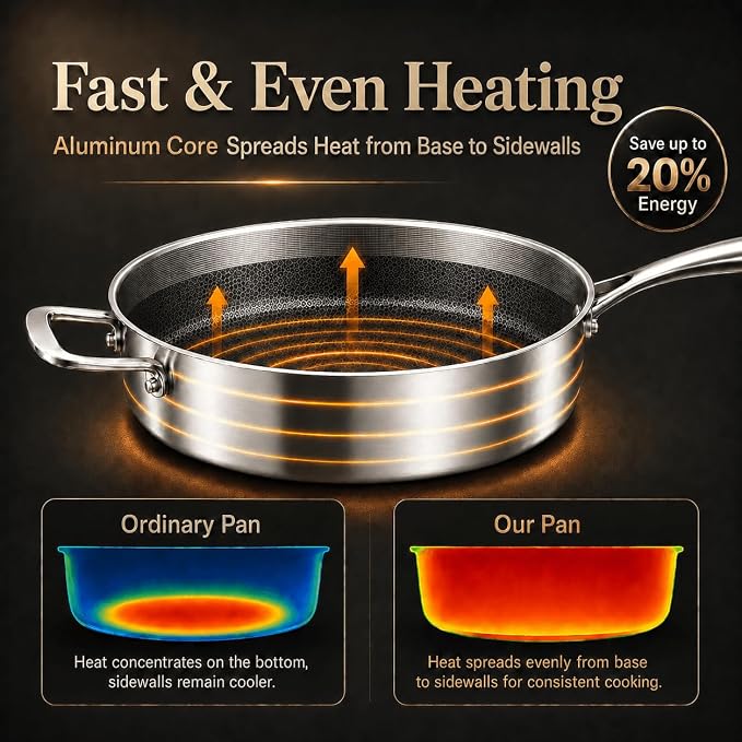 DELARLO Tri-Ply Hybrid Stainless Steel 10 Inch Saute Pan,3QT Chef Cooking Pan,Anti-Scratch,Compatible with All Cooktops,Oven Up to 660℉,Chicken Fryer,Dishwasher-Friendly(Detachable handle)