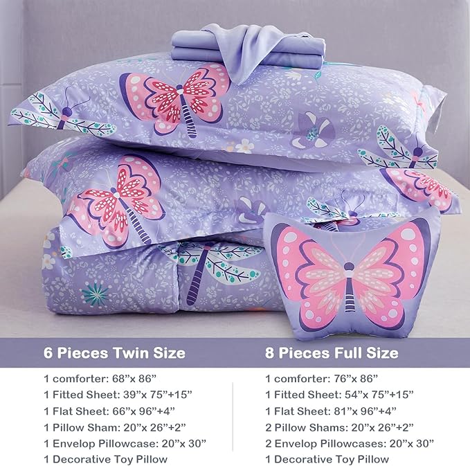 Mooreeke Bed in a Bag for Kids Girls Teens, 8 Pieces Full Size Comforter Bed Set with Shams, Sheet Set and Decorative Toy Pillow, Butterfly Purple Super Soft Microfiber Kids Comforter Bedding Set