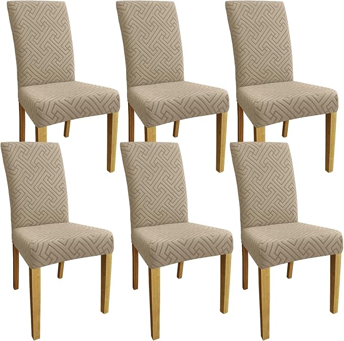 Promindfly Dining Chair Covers, 3D Jacquard Fabric Chair Covers for Dining Room, Anti-Scratch Chair Covers Set of 6, Stretch Washable Dining Chair Covers for Kitchen, Hotel