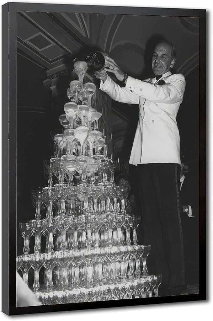 Champagne Tower 1920s, Pouring Over Stacked Glasses Black And White , Alcohol Poster, Bar Cart , Retro Wall Decor Canvas Poster Bedroom Decor Sports Landscape Office Room Decor Gift Black Frame 08x12i