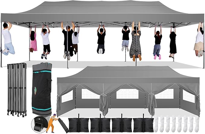 COBIZI 10x30 Pop Up Canopy with 8 Sidewall,Heavy Duty UPF 50+ All Season Wind Waterproof Commercial Outdoor Wedding Party Tents for Parties Canopy Gazebo with Roller Bag(10 x 30 ft Gray)