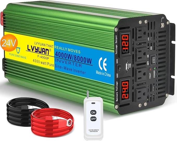 LVYUAN 4000 Watt Heavy Duty 8000(Peak) Pure Sine Wave Power Inverter 24V DC to 110V 120V AC Converter with 4 sockets,LED Display,Remote Control and USB Port for Family,RV, Truck,Road Trip,Emergency