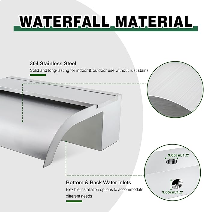 Waterfall Spillway, Stainless Steel Pool Fountain w/Top Open Lip & Pipe Connector Kits for Outdoor/Indoor Decorative, 23.6'' Pool Water Feature for Garden Patio, Backyard Koi Pond Decor