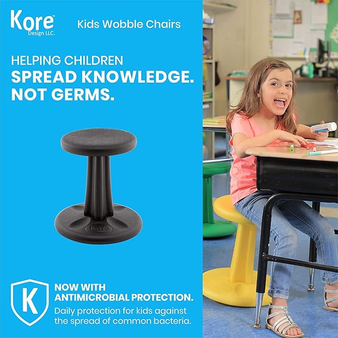 Kore Kids Pre-Teen Wobble Chair - Flexible Seating Stool for Classroom, Home & School, ADD/ADHD - Made in The USA - Age 10-11, Grade 5-6, Black (18.7in)