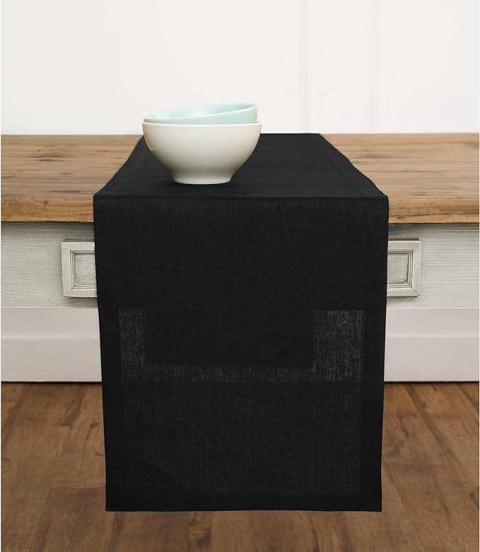 Solino Home Linen Black Table Runner 48 Inches - 100% Pure Linen Small Table Runner 14 x 48 Inch Ideal for Dresser and Coffee Tables - Fall, Autumn, Halloween, Thanksgiving - Fete