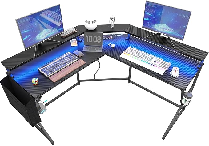 Wonder Comfort L Shaped 51 Inch Computer Desk with LED Lights,Corner Gaming Table Cup Holder Power Outlets/Monitor Stand for Home Office, Black