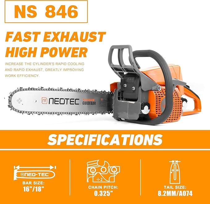NEOTEC 45.4cc Gas Chainsaw, NS846 Powerhead with 16 Inch Guide Bar and Chain, Power Chain Saw 3.0 HP 2,24KW, All Parts Compatible with MS250 MS230 MS210 025 023 025 Chainsaw gas