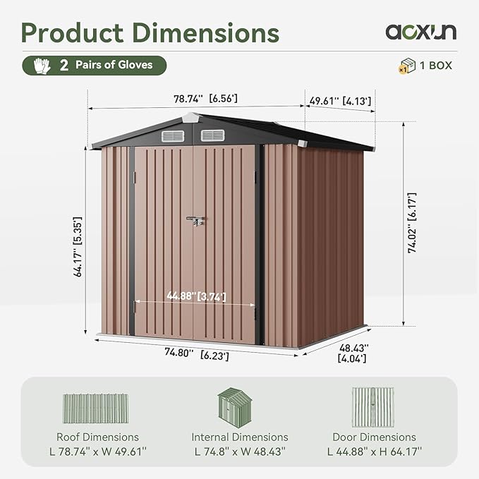 Aoxun 6.2x4 FT Shed Outdoor Storage Shed with Lockable Doors & Slooping Roof Metal Garden Tool Shed for Backyard, Patio, Poolside (Brown)