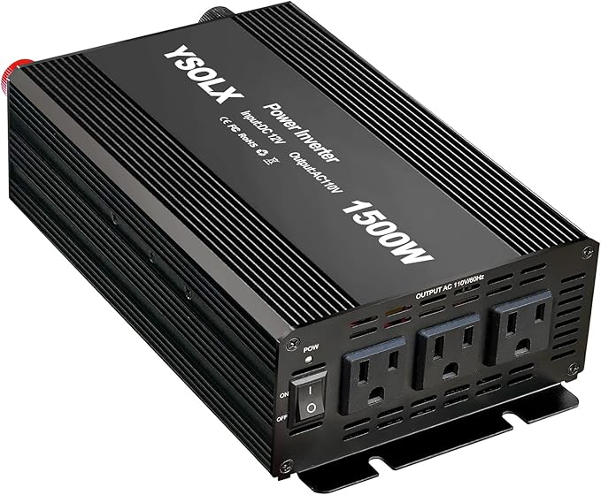 YSOLX 1500W Power Inverter 12V to 110V,Dc to Ac Inverter 3 AC Outlets,1500 Watt Inverter for Hurricanes, Power Outages,RV, Camping