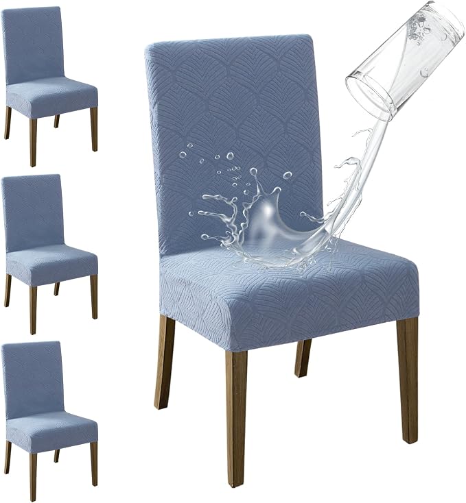 MOSAYT 100% Waterproof Dining Room Chair Covers Set of 4, Super Fit Stretch Jacquard Parson Chairs Slipcovers Removable Washable Chair Seat Protectors for Home, Kitchen, Banquet (Light Blue - XL)