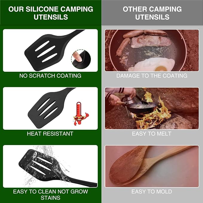 Camping Essentials Cookware Cooking Utensils Set - Portable Camp Kitchen Mess Kit Outdoor Accessories, Stainless Steel & Silicone, Camping Gear Equipment for RV Picnic Grill, Brown | Stainless Steel & Silicone Mess Kit, Durable Outdoor Kitchen Gear for...