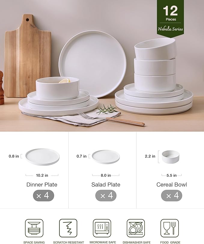 Famiware Nebula Plates and Bowls Set, 12 Pieces Dinnerware Sets, Dishes Set for 4, White