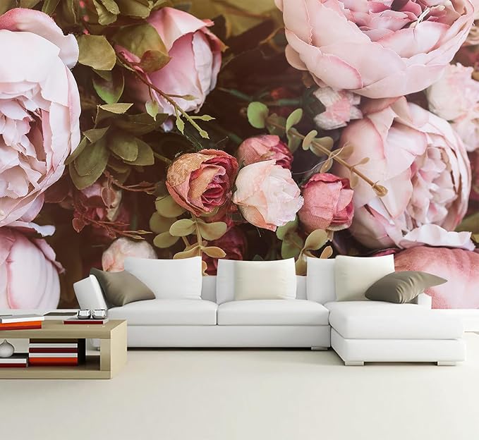 Large Peony Floral Wallpaper Girls Bedroom Pink Rose Flower Wall Mural (Not Peel and Stick)
