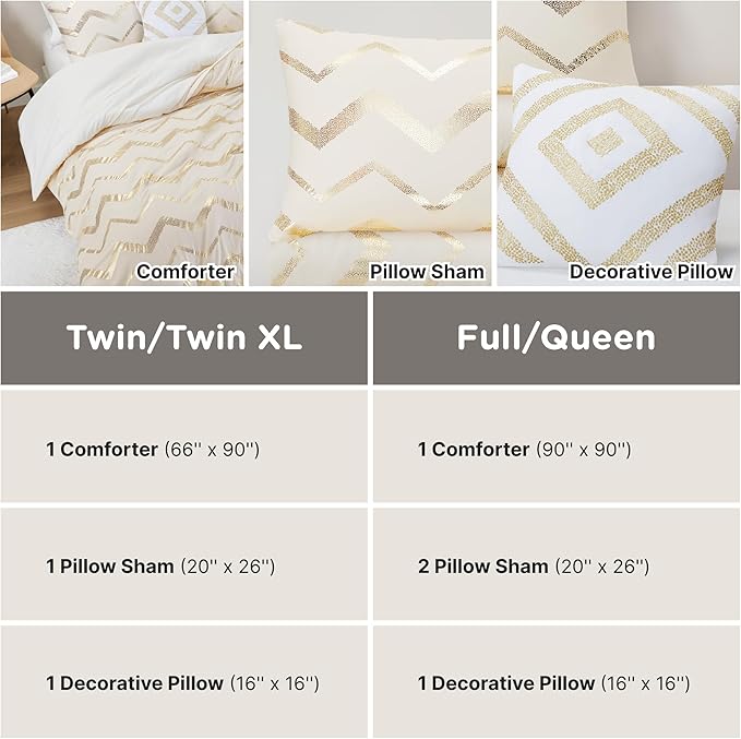Codi Cream White and Gold Comforter Set for Twin/Twin XL Size, Cute Metallic Ivory Bed Sets, 3 Piece (1 Matching Sham + 1 Decorative Pillow)