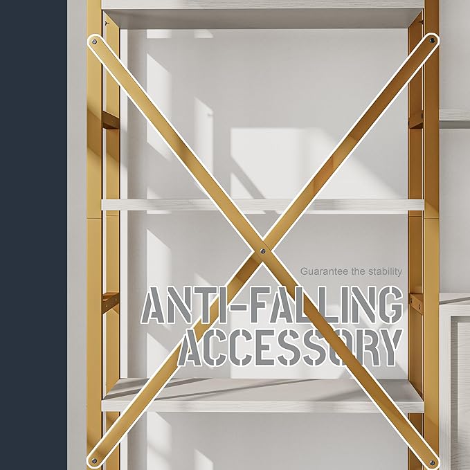 Triple 5 Tier Bookshelf, Industrial Large Bookcase with Storage Cabinet, Tall Gold Bookshelf with 14 Open Display Shelves Metal Frame Furniture for Living Room Bedroom Home Office Gold & White