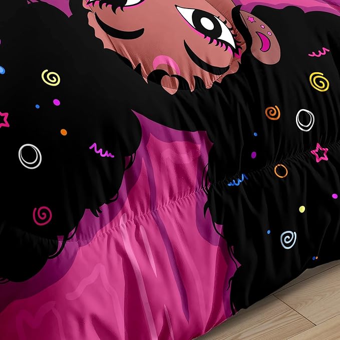 Black African American Girls Full Size Comforter Sets - Black Girl Full Size Bedding Sets for Girls Pink Princess Bedroom Sets Room Decor Full Size Comforter Set, 1 Comforter+2 Pillowcases