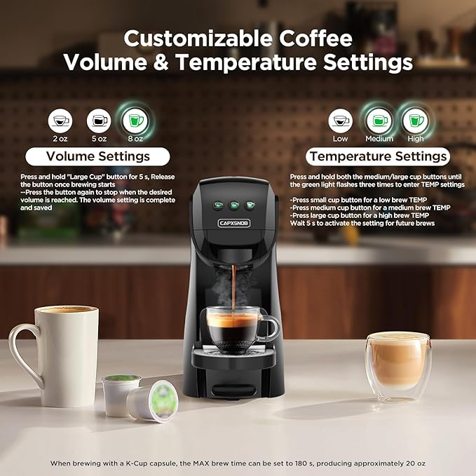 Warriors1 4-in-1 Coffee Maker & Espresso Machine for Pods & Ground, 20 Bar | Fits K Cup/Nespresso/Dolce Gusto Pods/Ground, 3 Cup Sizes & Custom Vol/Temp, 5.3" W for Kitchen/Office/Dorm, Durable PA66+GF
