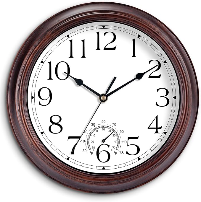 10 Inch Outdoor Wall Clock with Thermometers, Vintage Silent Wall Clocks Battery Operated, Retro Non-Ticking Clock Decorative for Living Room, Patio, Kitchen, Office, Bathroom, Bedroom(Bronze)