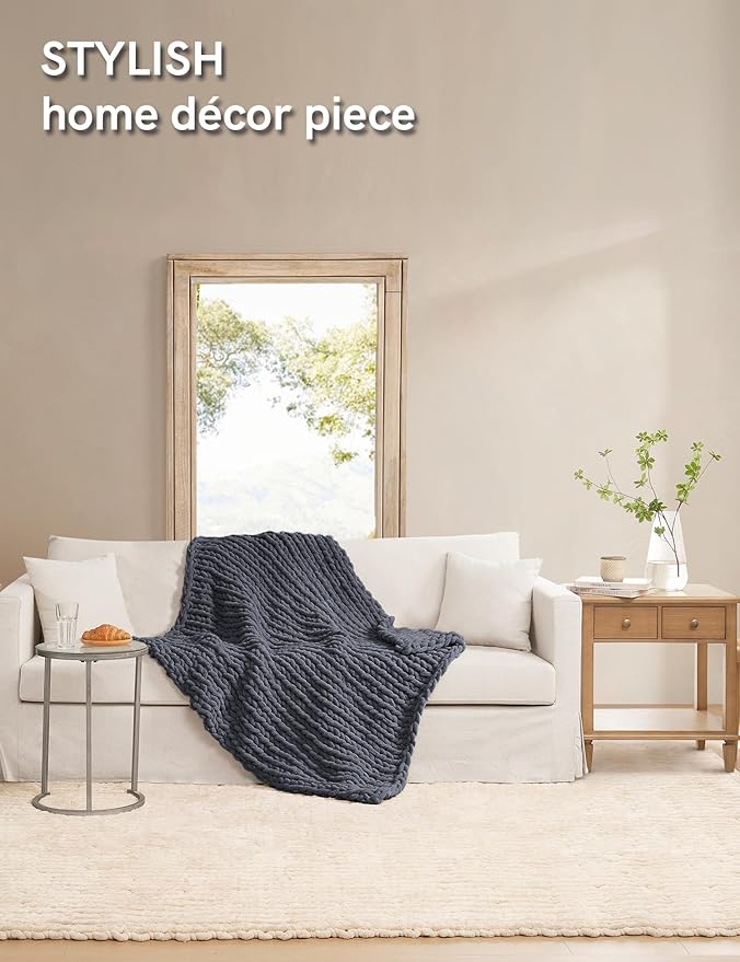YnM Chunky Throw Blanket, Medium-Weight, Hand Knitted with Chenille Yarn, Skin Friendly, Ventilated and Breathable, Machine Washable, Home Décor Piece for Couch, Sofa and Bed (Lava Grey, 50x60 Inch)