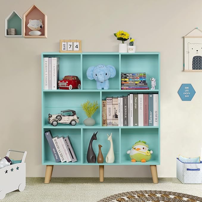 LEYAOYAO 8 Cube Bookshelf 3-Tier Bookcase with Legs, Mint-Green Kids Book Shelf Cute Storage Organizer, Large Open Toy Shelves Modern Bookshelves,Display Bookcases for Bedroom,Living Room,Nursery