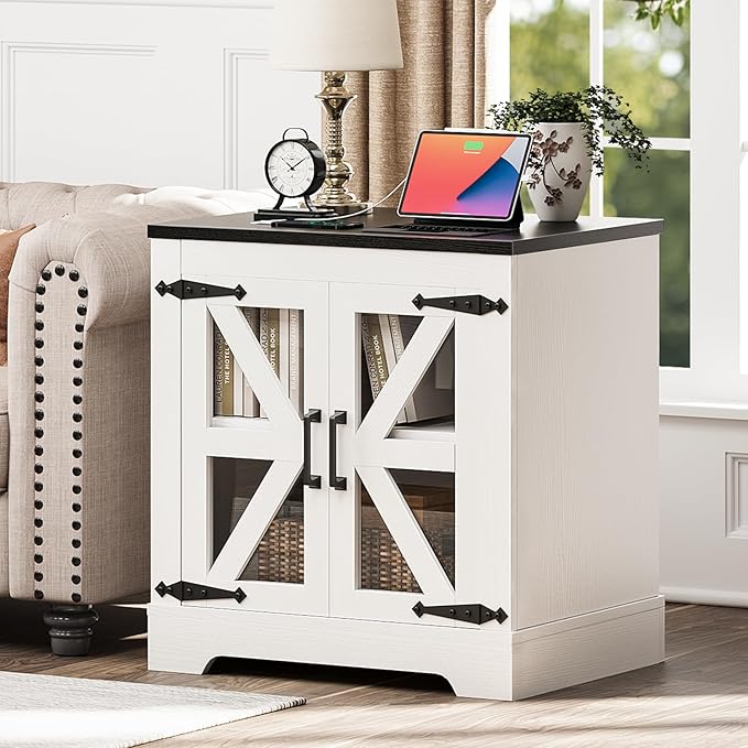 Farmhouse Side Table - 24" Large Night Stand Set 2, Wood Nightstand with Charging Station, Bedside Table with Adjustable Shelf, End Tables Living Room, Rustic Bed Side Tables Bedroom, White