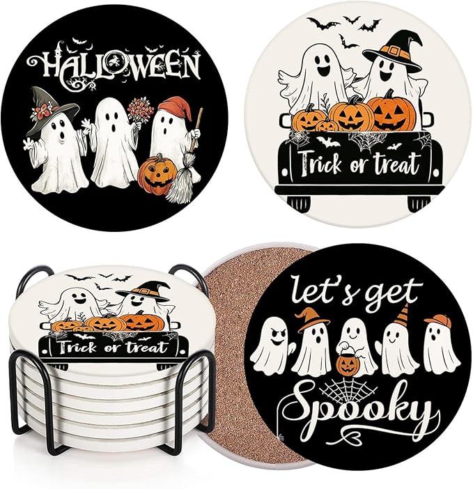 Coaster for Drinks Set of 6, Halloween Black and White Ghost Pumpkins Absorbent Round Ceramic Stone Mat, with Cork Base and Metal Holder, Gift for Housewarming Room Bar Decor