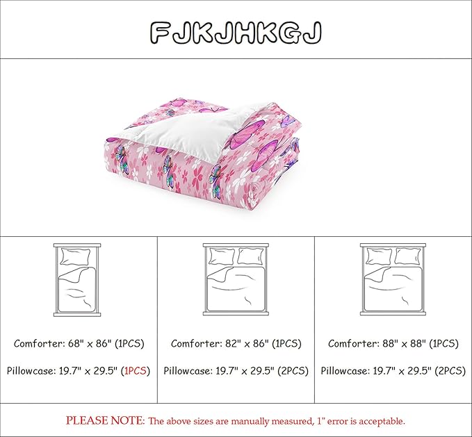 Kids Butterfly Comforter Set - Butterfly Full Bedding Set Pink Butterflies Prints Bedding Set for Girls Room Cute Princess Bedding Sets for All Season Butterfly Bed Set, 1 Comforter + 2 Pillowcases