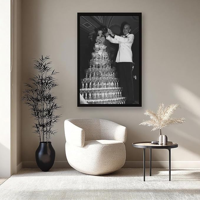 Champagne Tower 1920s, Pouring Over Stacked Glasses Black And White , Alcohol Poster, Bar Cart , Retro Wall Decor Canvas Poster Bedroom Decor Sports Landscape Office Room Decor Gift Black Frame 08x12i