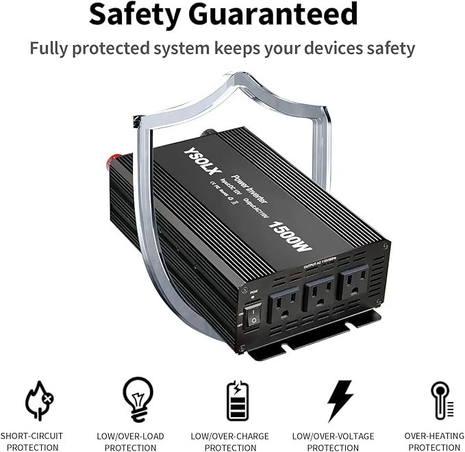 YSOLX 1500W Power Inverter 12V to 110V,Dc to Ac Inverter 3 AC Outlets,1500 Watt Inverter for Hurricanes, Power Outages,RV, Camping