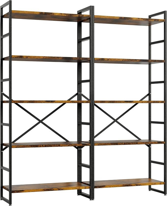 Shintenchi 2 Pieces 5 Tiers Bookshelf, Classically Tall Bookcase Shelf, Industrial Book Rack, Modern Book Holder in Bedroom/Living Room/Home/Office, Storage Rack Shelves for Books/movies-Rustic Brown