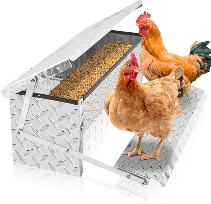 Fsehyue Automatic Chicken Feeder Chook Food Feeder Capacity Treadle Self Opening Pou with Weatherproof Lid Rain Cover for Roosters Pheasant Chicken Outdoor Coop Silver Full Aluminum(11lbs/5000g)