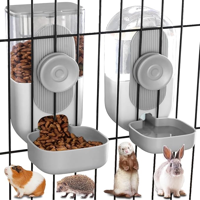 Kenond Hanging Automatic Food Water Dispenser, 35oz Rabbit Feeder Guinea Pig Water Bottle Feeder for Ferret Guinea Pig Rabbit Bunny Cage Accessories(Gray)