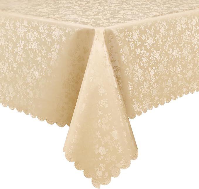 Smiry Rectangle Waterproof Heavy Duty Vinyl Tablecloths, 52 x 70 Inch | Wipeable Washable Floral Embossed Table Cover for Kitchen and Dining Room, Indoor & Outdoor Use, Champagne