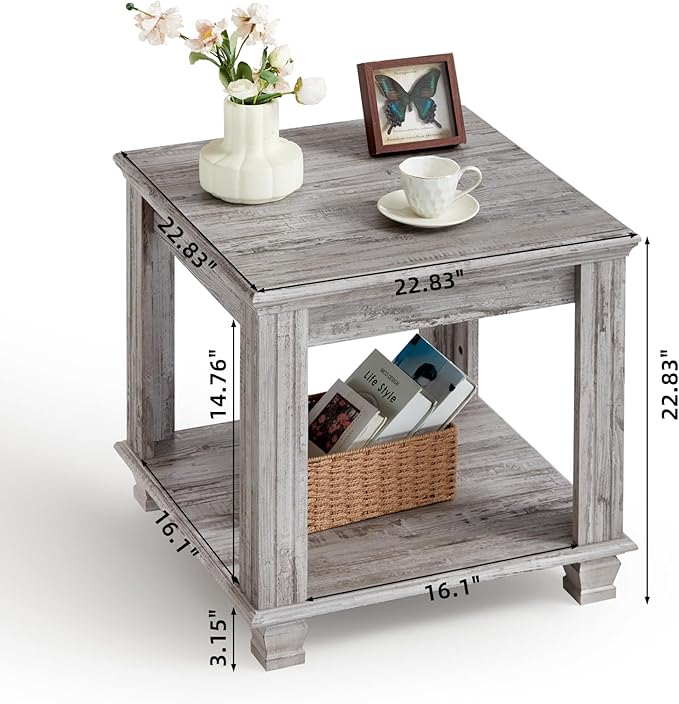 Farmhouse End Table Set of 2,Large Side Table with 2-Tier Storage Shelf,Rustic Wood End Tables for Living Room,Square Tea Table,Gray