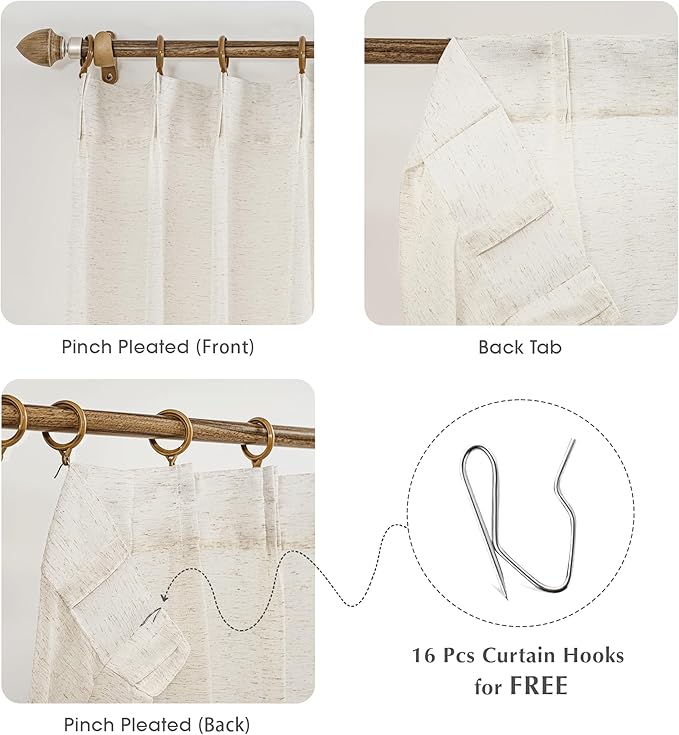 FMFUNCTEX Linen Sheer Pinch Pleated Curtains for Living Room, Linen Flax Beige 90 Inches Long Sheer Curtain See Through Panels for Bedroom, Natural Window Drapes for Farmhouse, Back Tab 2 Panels